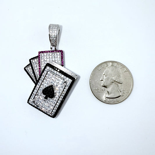 Real 925 Sterling Silver CZ Cards Spade Pendant