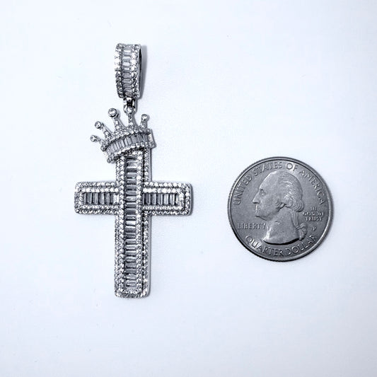 Real 925 Sterling Silver CZ Crown Cross Pendant