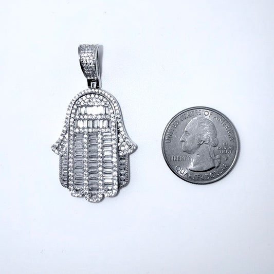 Real 925 Sterling Silver CZ Hamsa Hand Pendant